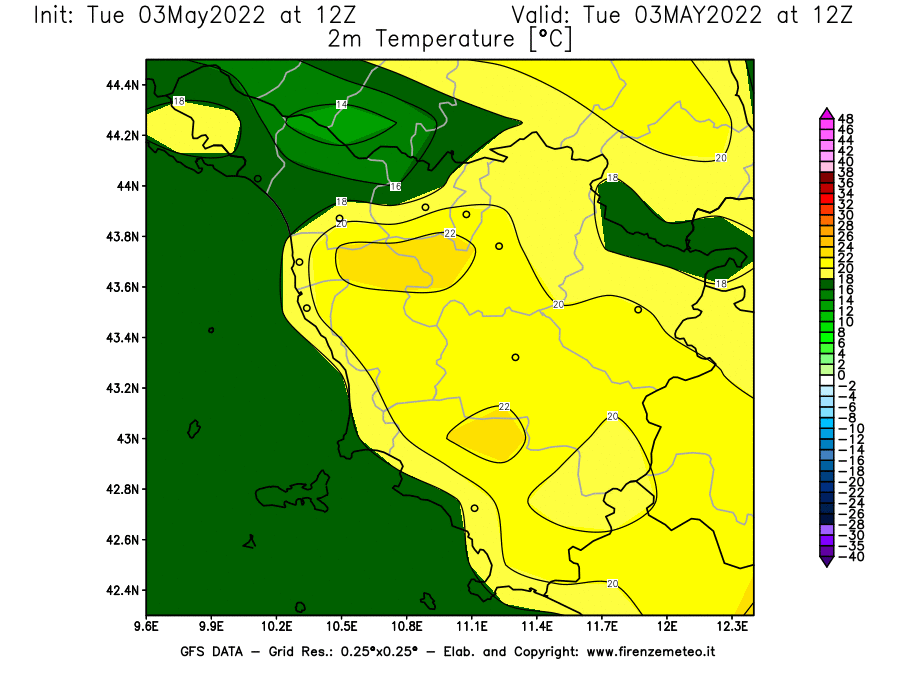Mappa di analisi GFS - Temperatura a 2 metri dal suolo [°C] in Toscana
									del 03/05/2022 12 <!--googleoff: index-->UTC<!--googleon: index-->