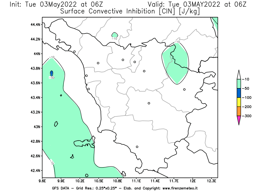 Mappa di analisi GFS - CIN [J/kg] in Toscana
									del 03/05/2022 06 <!--googleoff: index-->UTC<!--googleon: index-->