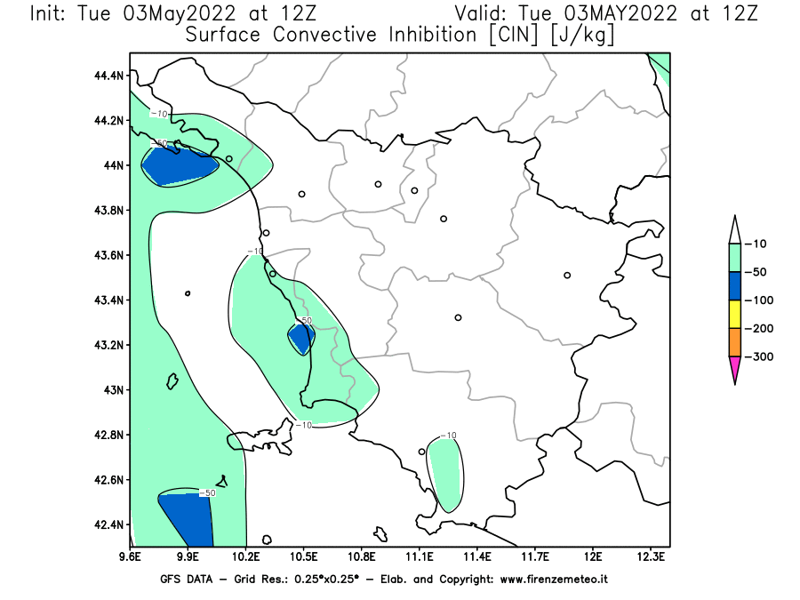 Mappa di analisi GFS - CIN [J/kg] in Toscana
									del 03/05/2022 12 <!--googleoff: index-->UTC<!--googleon: index-->