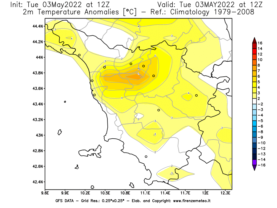 Mappa di analisi GFS - Anomalia Temperatura [°C] a 2 m in Toscana
									del 03/05/2022 12 <!--googleoff: index-->UTC<!--googleon: index-->
