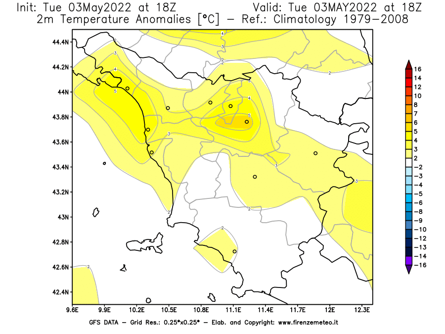 Mappa di analisi GFS - Anomalia Temperatura [°C] a 2 m in Toscana
									del 03/05/2022 18 <!--googleoff: index-->UTC<!--googleon: index-->