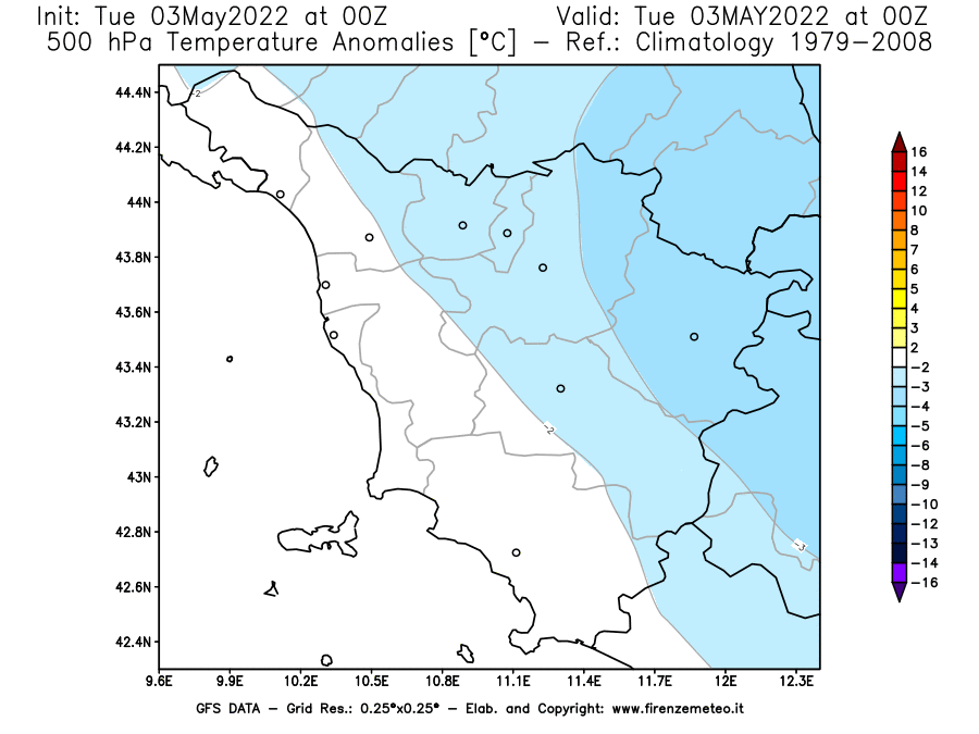 Mappa di analisi GFS - Anomalia Temperatura [°C] a 500 hPa in Toscana
									del 03/05/2022 00 <!--googleoff: index-->UTC<!--googleon: index-->