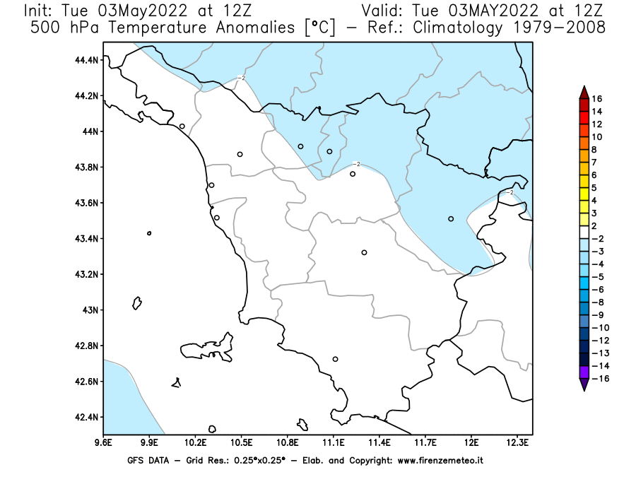 Mappa di analisi GFS - Anomalia Temperatura [°C] a 500 hPa in Toscana
									del 03/05/2022 12 <!--googleoff: index-->UTC<!--googleon: index-->