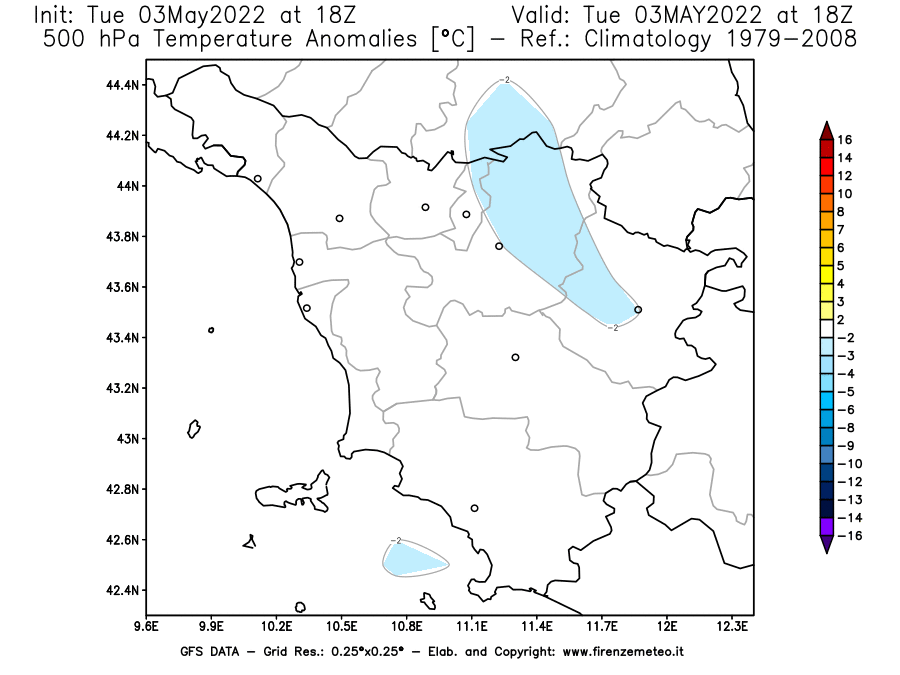 Mappa di analisi GFS - Anomalia Temperatura [°C] a 500 hPa in Toscana
									del 03/05/2022 18 <!--googleoff: index-->UTC<!--googleon: index-->