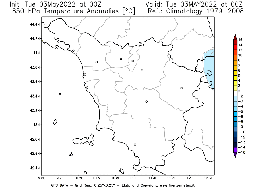Mappa di analisi GFS - Anomalia Temperatura [°C] a 850 hPa in Toscana
									del 03/05/2022 00 <!--googleoff: index-->UTC<!--googleon: index-->