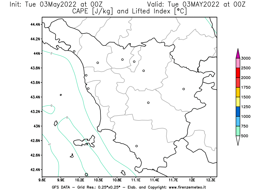 Mappa di analisi GFS - CAPE [J/kg] e Lifted Index [°C] in Toscana
									del 03/05/2022 00 <!--googleoff: index-->UTC<!--googleon: index-->