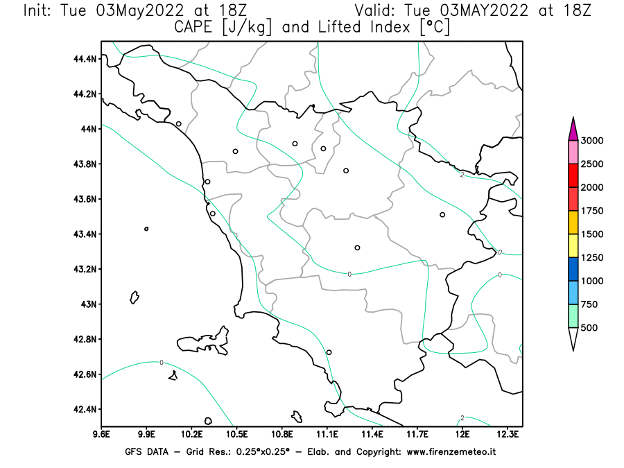 Mappa di analisi GFS - CAPE [J/kg] e Lifted Index [°C] in Toscana
									del 03/05/2022 18 <!--googleoff: index-->UTC<!--googleon: index-->