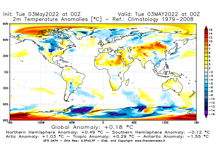 Mappa di analisi GFS - Anomalia Temperatura [°C] a 2 m in World
									del 03/05/2022 00 <!--googleoff: index-->UTC<!--googleon: index-->