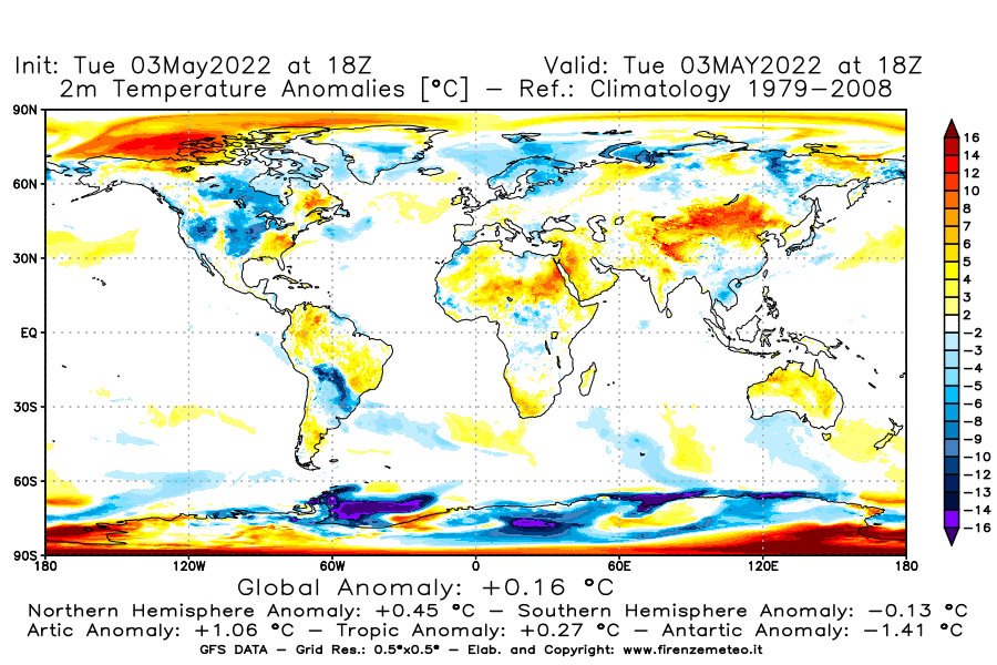 Mappa di analisi GFS - Anomalia Temperatura [°C] a 2 m in World
									del 03/05/2022 18 <!--googleoff: index-->UTC<!--googleon: index-->