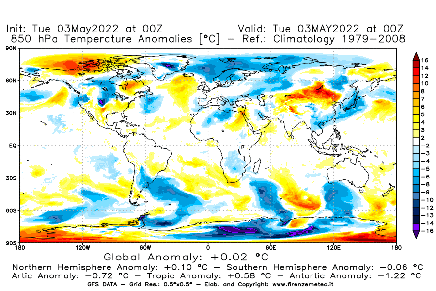Mappa di analisi GFS - Anomalia Temperatura [°C] a 850 hPa in World
									del 03/05/2022 00 <!--googleoff: index-->UTC<!--googleon: index-->