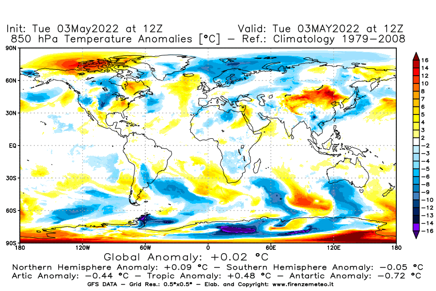 Mappa di analisi GFS - Anomalia Temperatura [°C] a 850 hPa in World
									del 03/05/2022 12 <!--googleoff: index-->UTC<!--googleon: index-->