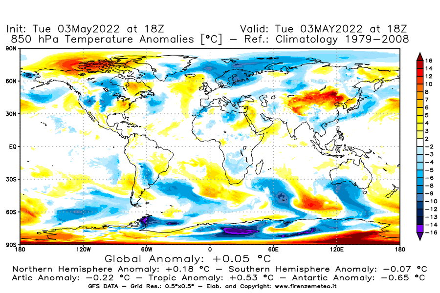 Mappa di analisi GFS - Anomalia Temperatura [°C] a 850 hPa in World
									del 03/05/2022 18 <!--googleoff: index-->UTC<!--googleon: index-->