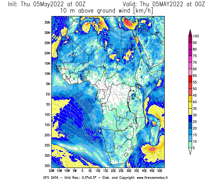 Mappa di analisi GFS - Velocità del vento a 10 metri dal suolo [km/h] in Africa
									del 05/05/2022 00 <!--googleoff: index-->UTC<!--googleon: index-->