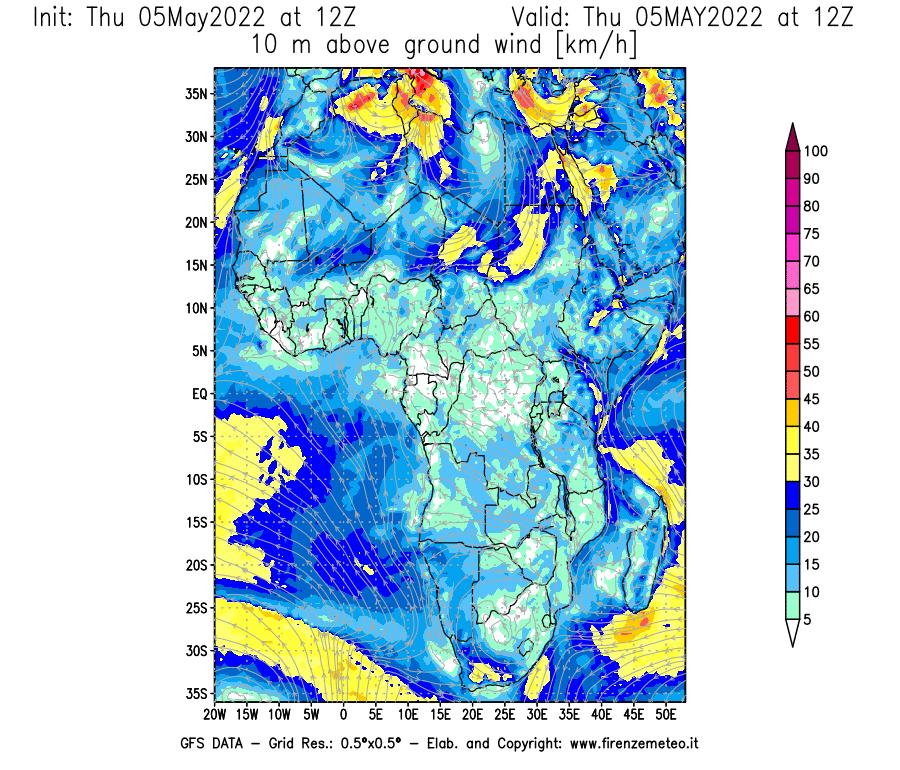 Mappa di analisi GFS - Velocità del vento a 10 metri dal suolo [km/h] in Africa
									del 05/05/2022 12 <!--googleoff: index-->UTC<!--googleon: index-->