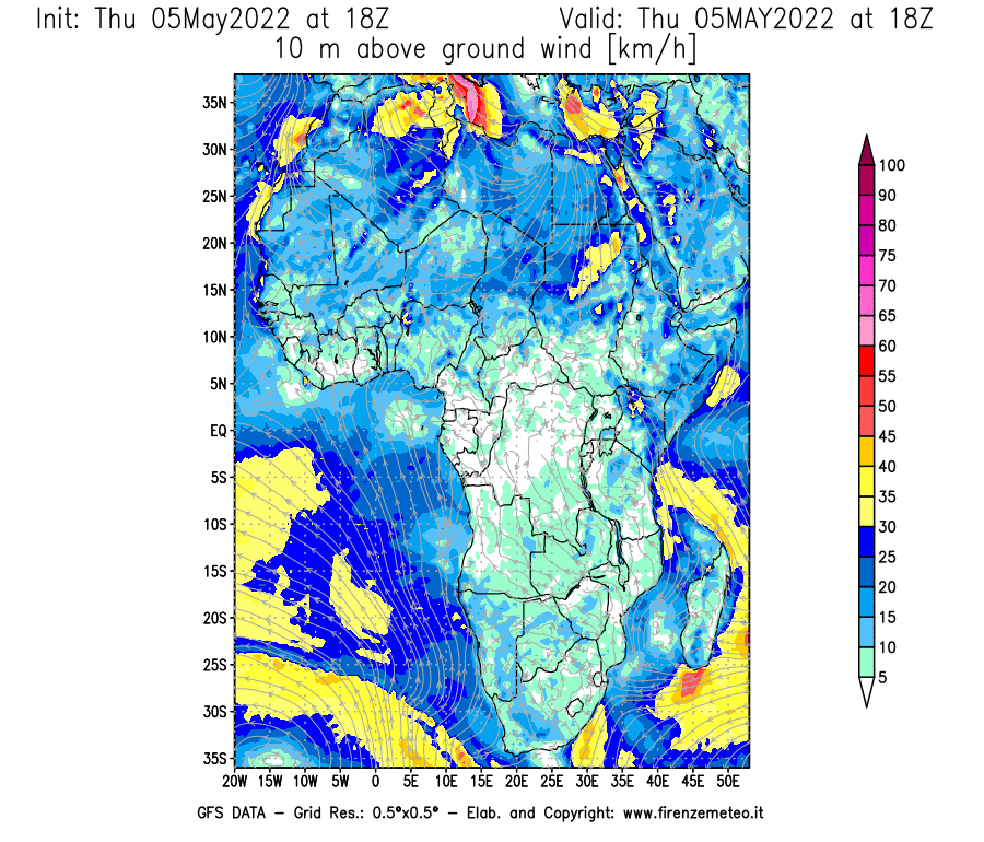 Mappa di analisi GFS - Velocità del vento a 10 metri dal suolo [km/h] in Africa
									del 05/05/2022 18 <!--googleoff: index-->UTC<!--googleon: index-->
