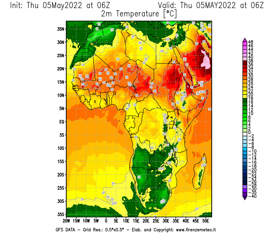 Mappa di analisi GFS - Temperatura a 2 metri dal suolo [°C] in Africa
									del 05/05/2022 06 <!--googleoff: index-->UTC<!--googleon: index-->