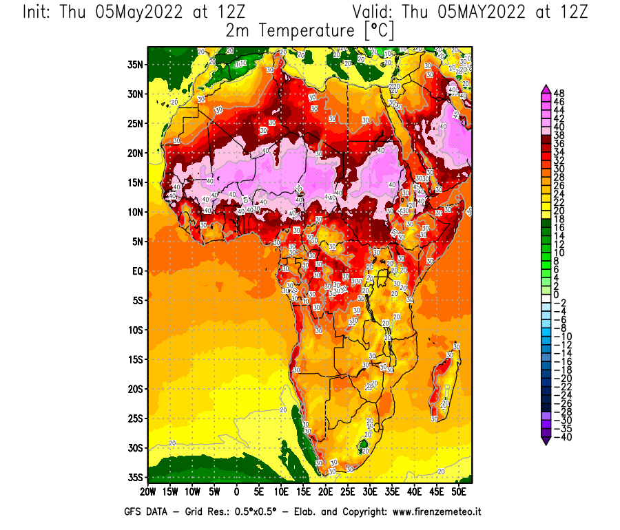 Mappa di analisi GFS - Temperatura a 2 metri dal suolo [°C] in Africa
									del 05/05/2022 12 <!--googleoff: index-->UTC<!--googleon: index-->