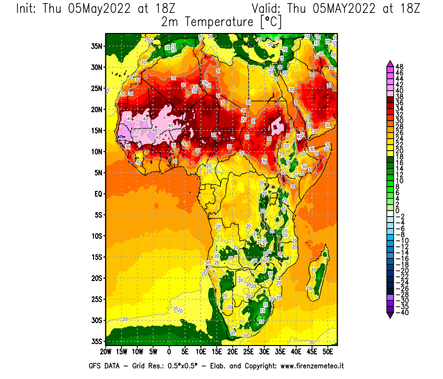 Mappa di analisi GFS - Temperatura a 2 metri dal suolo [°C] in Africa
									del 05/05/2022 18 <!--googleoff: index-->UTC<!--googleon: index-->