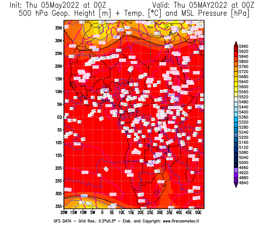 Mappa di analisi GFS - Geopotenziale [m] + Temp. [°C] a 500 hPa + Press. a livello del mare [hPa] in Africa
									del 05/05/2022 00 <!--googleoff: index-->UTC<!--googleon: index-->