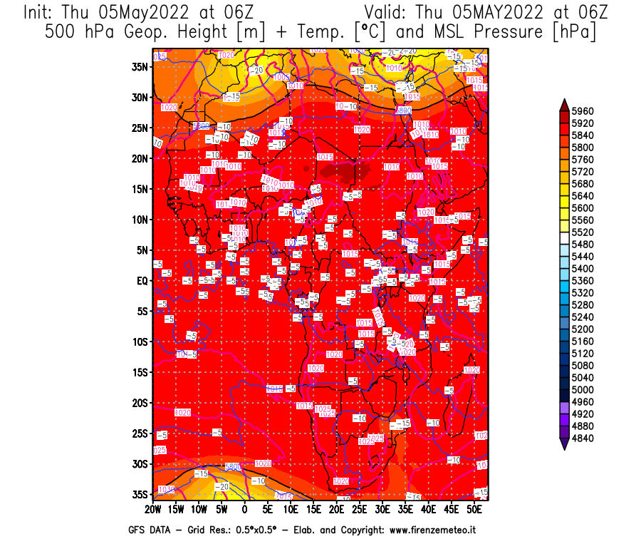 Mappa di analisi GFS - Geopotenziale [m] + Temp. [°C] a 500 hPa + Press. a livello del mare [hPa] in Africa
									del 05/05/2022 06 <!--googleoff: index-->UTC<!--googleon: index-->
