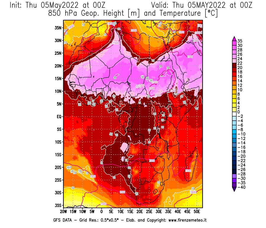 Mappa di analisi GFS - Geopotenziale [m] e Temperatura [°C] a 850 hPa in Africa
									del 05/05/2022 00 <!--googleoff: index-->UTC<!--googleon: index-->