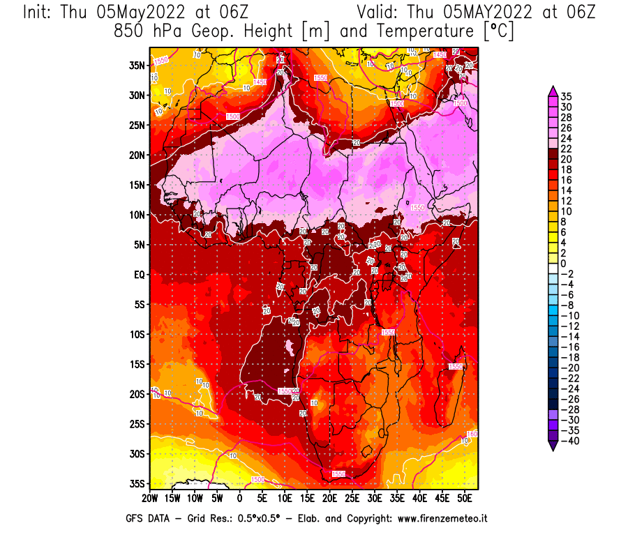 Mappa di analisi GFS - Geopotenziale [m] e Temperatura [°C] a 850 hPa in Africa
									del 05/05/2022 06 <!--googleoff: index-->UTC<!--googleon: index-->