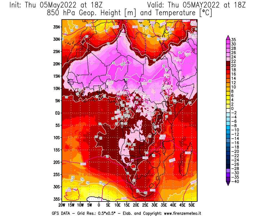 Mappa di analisi GFS - Geopotenziale [m] e Temperatura [°C] a 850 hPa in Africa
									del 05/05/2022 18 <!--googleoff: index-->UTC<!--googleon: index-->