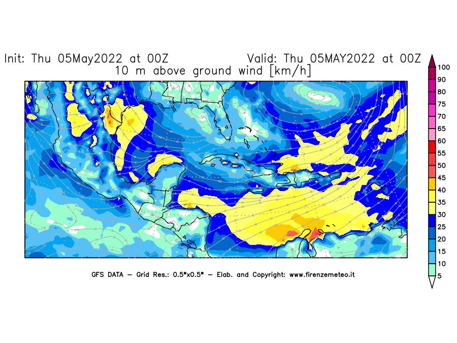 Mappa di analisi GFS - Velocità del vento a 10 metri dal suolo [km/h] in Centro-America
									del 05/05/2022 00 <!--googleoff: index-->UTC<!--googleon: index-->