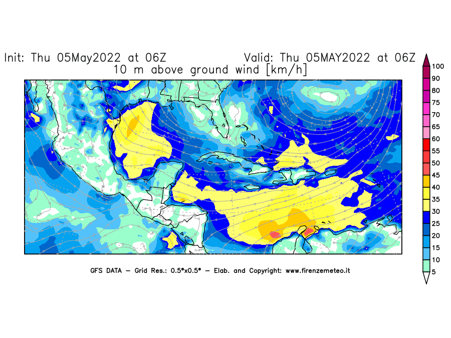 Mappa di analisi GFS - Velocità del vento a 10 metri dal suolo [km/h] in Centro-America
									del 05/05/2022 06 <!--googleoff: index-->UTC<!--googleon: index-->