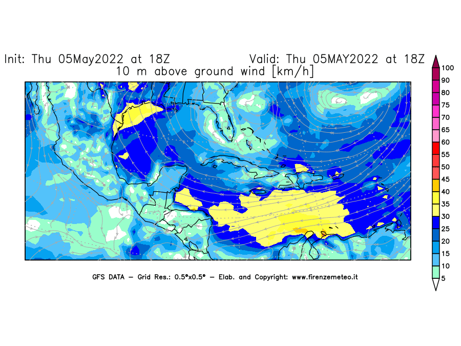 Mappa di analisi GFS - Velocità del vento a 10 metri dal suolo [km/h] in Centro-America
									del 05/05/2022 18 <!--googleoff: index-->UTC<!--googleon: index-->