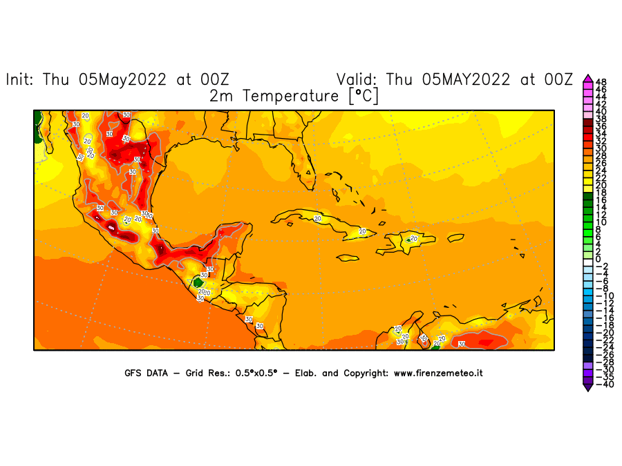Mappa di analisi GFS - Temperatura a 2 metri dal suolo [°C] in Centro-America
									del 05/05/2022 00 <!--googleoff: index-->UTC<!--googleon: index-->