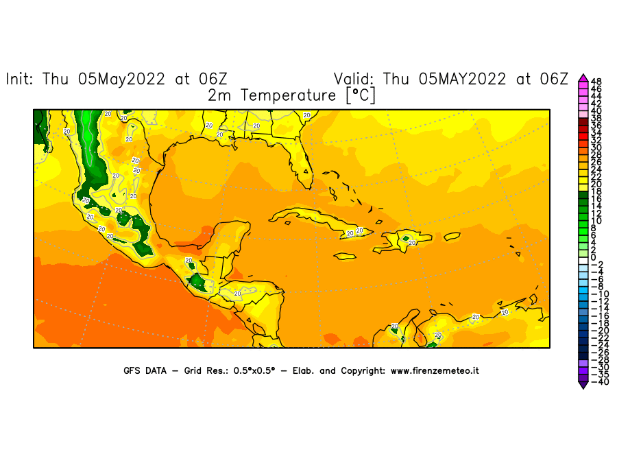 Mappa di analisi GFS - Temperatura a 2 metri dal suolo [°C] in Centro-America
									del 05/05/2022 06 <!--googleoff: index-->UTC<!--googleon: index-->