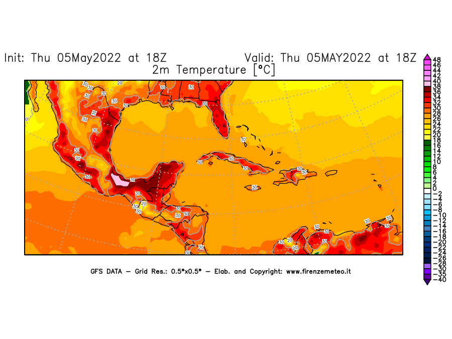 Mappa di analisi GFS - Temperatura a 2 metri dal suolo [°C] in Centro-America
									del 05/05/2022 18 <!--googleoff: index-->UTC<!--googleon: index-->
