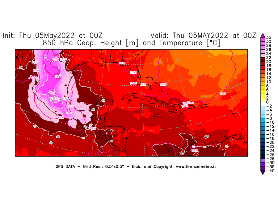 Mappa di analisi GFS - Geopotenziale [m] e Temperatura [°C] a 850 hPa in Centro-America
									del 05/05/2022 00 <!--googleoff: index-->UTC<!--googleon: index-->