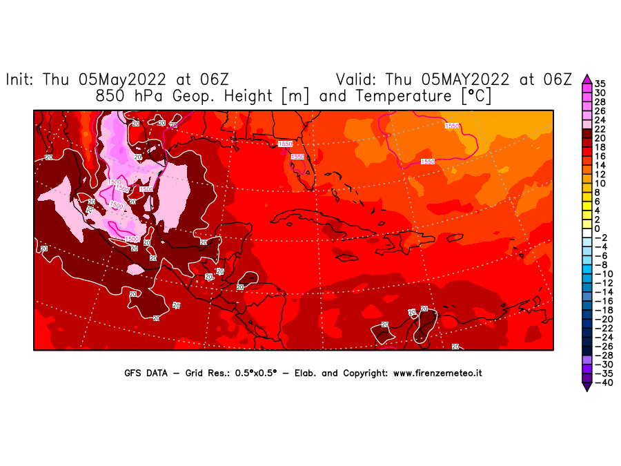 Mappa di analisi GFS - Geopotenziale [m] e Temperatura [°C] a 850 hPa in Centro-America
									del 05/05/2022 06 <!--googleoff: index-->UTC<!--googleon: index-->