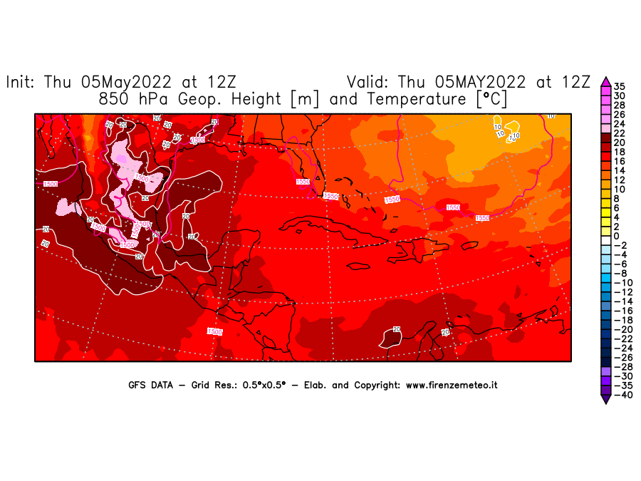 Mappa di analisi GFS - Geopotenziale [m] e Temperatura [°C] a 850 hPa in Centro-America
									del 05/05/2022 12 <!--googleoff: index-->UTC<!--googleon: index-->