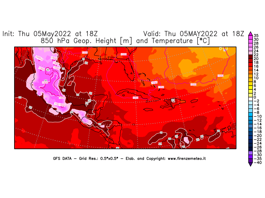Mappa di analisi GFS - Geopotenziale [m] e Temperatura [°C] a 850 hPa in Centro-America
									del 05/05/2022 18 <!--googleoff: index-->UTC<!--googleon: index-->