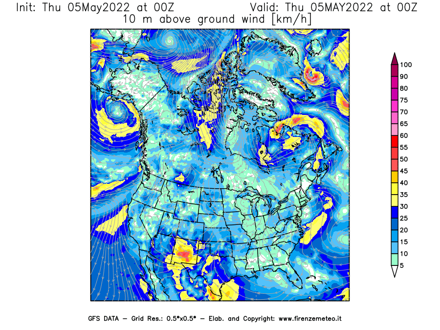 Mappa di analisi GFS - Velocità del vento a 10 metri dal suolo [km/h] in Nord-America
									del 05/05/2022 00 <!--googleoff: index-->UTC<!--googleon: index-->