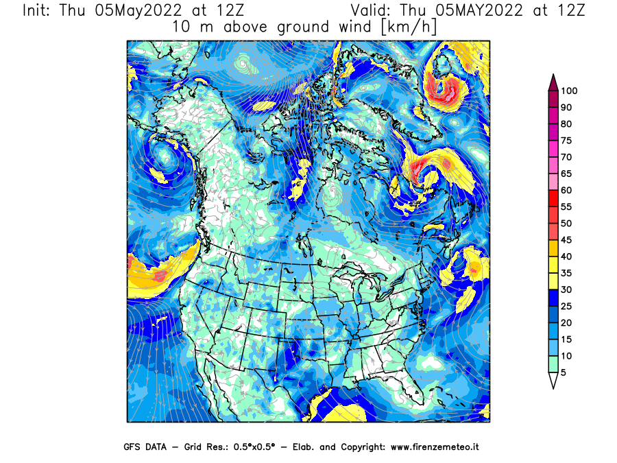 Mappa di analisi GFS - Velocità del vento a 10 metri dal suolo [km/h] in Nord-America
									del 05/05/2022 12 <!--googleoff: index-->UTC<!--googleon: index-->