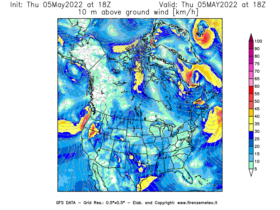 Mappa di analisi GFS - Velocità del vento a 10 metri dal suolo [km/h] in Nord-America
									del 05/05/2022 18 <!--googleoff: index-->UTC<!--googleon: index-->