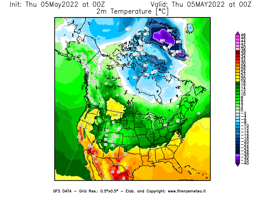 Mappa di analisi GFS - Temperatura a 2 metri dal suolo [°C] in Nord-America
									del 05/05/2022 00 <!--googleoff: index-->UTC<!--googleon: index-->