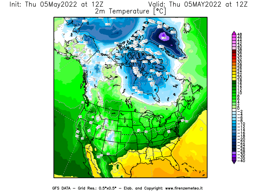 Mappa di analisi GFS - Temperatura a 2 metri dal suolo [°C] in Nord-America
									del 05/05/2022 12 <!--googleoff: index-->UTC<!--googleon: index-->