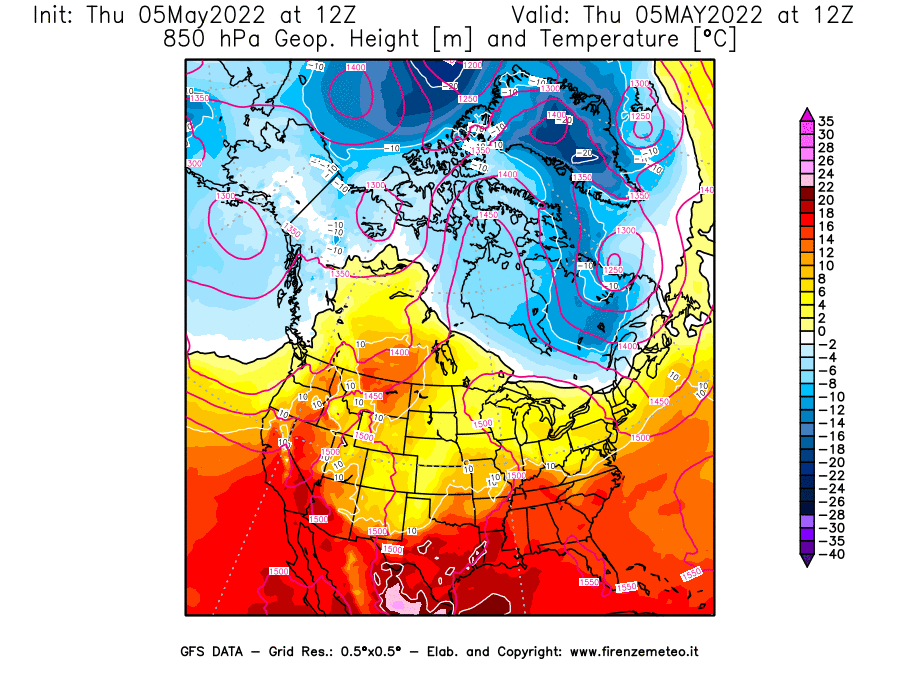 Mappa di analisi GFS - Geopotenziale [m] e Temperatura [°C] a 850 hPa in Nord-America
									del 05/05/2022 12 <!--googleoff: index-->UTC<!--googleon: index-->