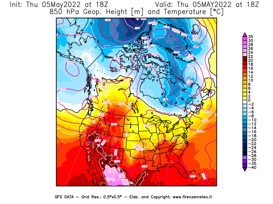 Mappa di analisi GFS - Geopotenziale [m] e Temperatura [°C] a 850 hPa in Nord-America
									del 05/05/2022 18 <!--googleoff: index-->UTC<!--googleon: index-->