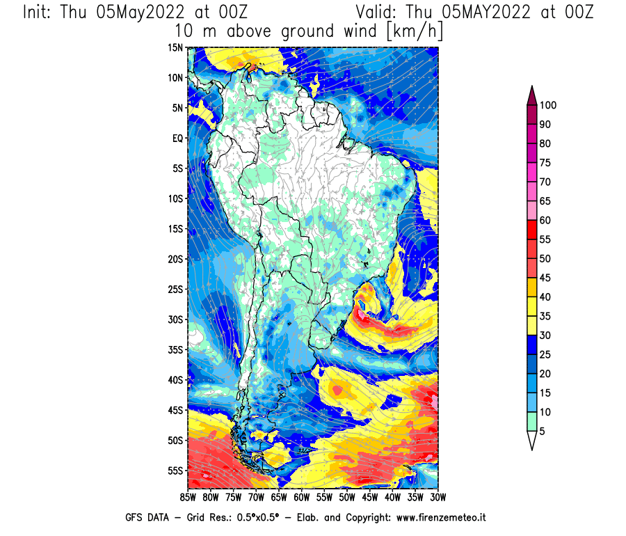 Mappa di analisi GFS - Velocità del vento a 10 metri dal suolo [km/h] in Sud-America
									del 05/05/2022 00 <!--googleoff: index-->UTC<!--googleon: index-->