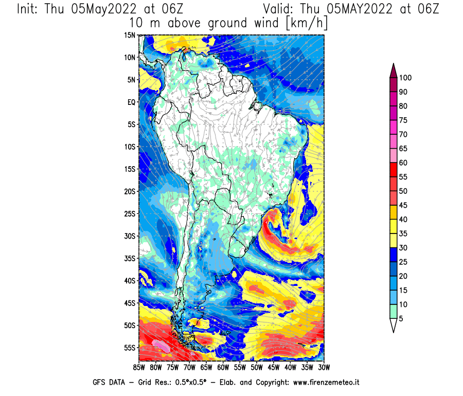Mappa di analisi GFS - Velocità del vento a 10 metri dal suolo [km/h] in Sud-America
									del 05/05/2022 06 <!--googleoff: index-->UTC<!--googleon: index-->