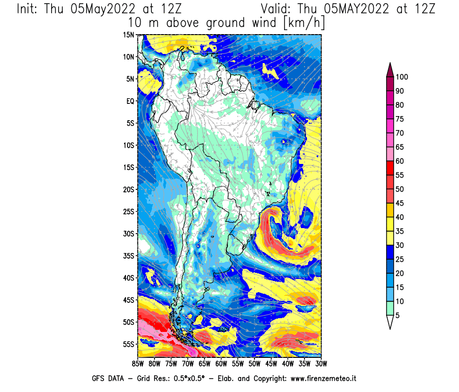 Mappa di analisi GFS - Velocità del vento a 10 metri dal suolo [km/h] in Sud-America
									del 05/05/2022 12 <!--googleoff: index-->UTC<!--googleon: index-->