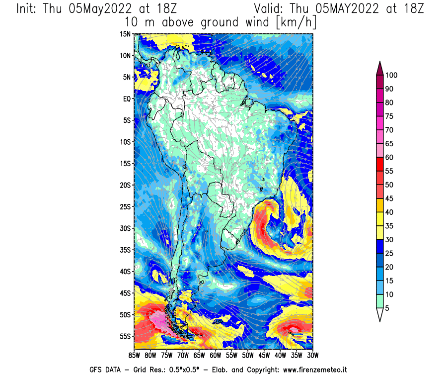 Mappa di analisi GFS - Velocità del vento a 10 metri dal suolo [km/h] in Sud-America
									del 05/05/2022 18 <!--googleoff: index-->UTC<!--googleon: index-->