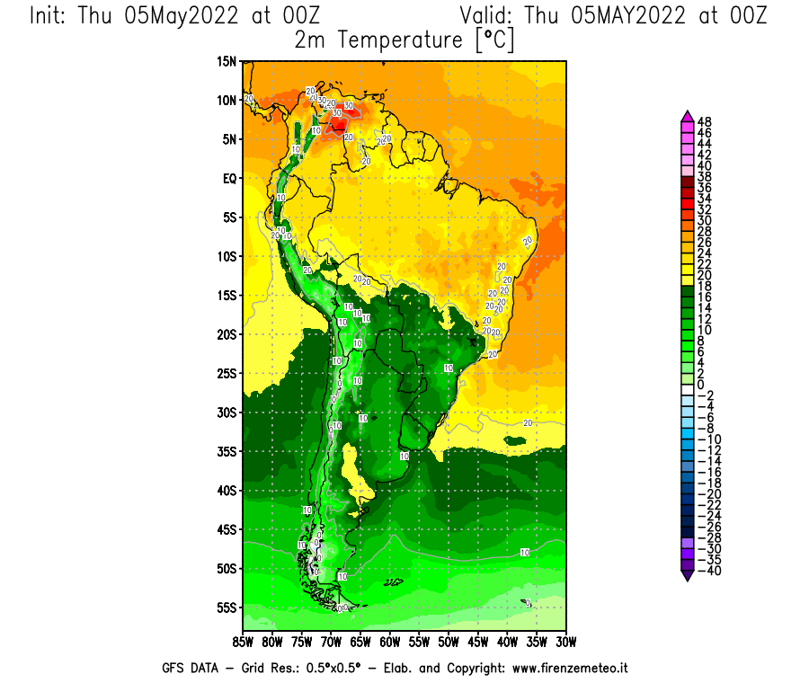 Mappa di analisi GFS - Temperatura a 2 metri dal suolo [°C] in Sud-America
									del 05/05/2022 00 <!--googleoff: index-->UTC<!--googleon: index-->