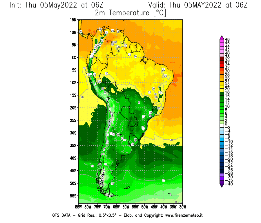 Mappa di analisi GFS - Temperatura a 2 metri dal suolo [°C] in Sud-America
									del 05/05/2022 06 <!--googleoff: index-->UTC<!--googleon: index-->